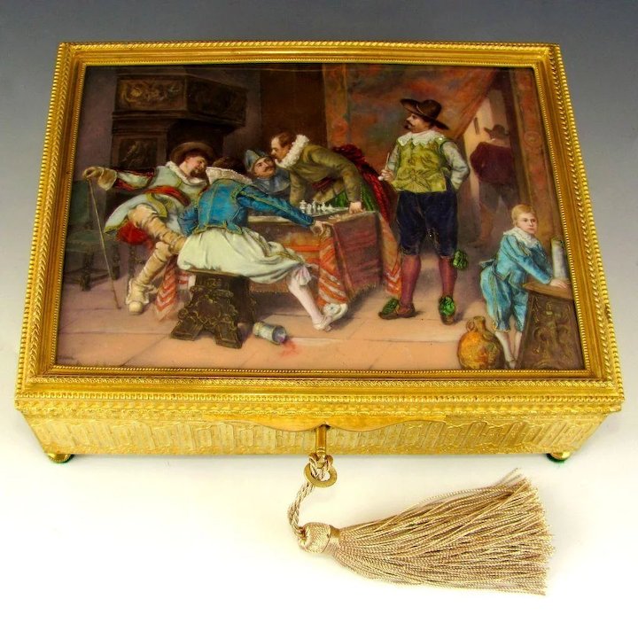 Antique French Gilt Bronze Jewelry Casket Box, Enamel Portrait Plaque, Tavern Scene with Cavaliers