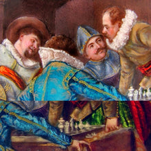 Load image into Gallery viewer, Antique French Gilt Bronze Jewelry Casket Box, Enamel Portrait Plaque, Tavern Scene with Cavaliers