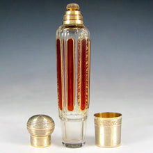Load image into Gallery viewer, Antique French Sterling Silver Flask Cut to Clear Glass Ruby Panels