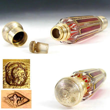 Load image into Gallery viewer, Antique French Sterling Silver Flask Cut to Clear Glass Ruby Panels