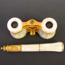 Load image into Gallery viewer, Antique French Lemaire Paris Mother of Pearl Opera Glasses with Extending Lorgnette Handle