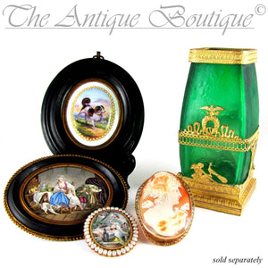 French enamel portraits, Mont Joye glass vase and gold cameo brooch available for purchase from The Antique Boutique