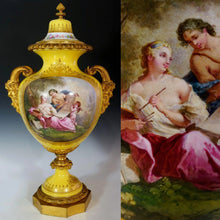 Load image into Gallery viewer, Antique French Sevres Style Porcelain Lidded Urn Satyr Figural Gilt Bronze Handles, Hand Painted Scene