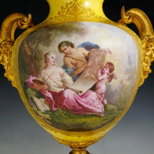 Load image into Gallery viewer, Antique French Sevres Style Porcelain Lidded Urn Satyr Figural Gilt Bronze Handles, Hand Painted Scene