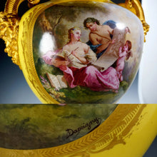Load image into Gallery viewer, Antique French Sevres Style Porcelain Lidded Urn Satyr Figural Gilt Bronze Handles, Hand Painted Scene