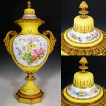 Load image into Gallery viewer, Antique French Sevres Style Porcelain Lidded Urn Satyr Figural Gilt Bronze Handles, Hand Painted Scene