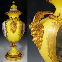 Load image into Gallery viewer, Antique French Sevres Style Porcelain Lidded Urn Satyr Figural Gilt Bronze Handles, Hand Painted Scene