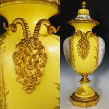 Load image into Gallery viewer, Antique French Sevres Style Porcelain Lidded Urn Satyr Figural Gilt Bronze Handles, Hand Painted Scene