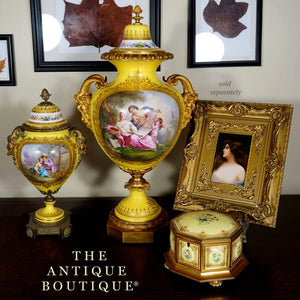 Antique French Sevres Style Porcelain Lidded Urn Satyr Figural Gilt Bronze Handles, Hand Painted Scene