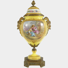Load image into Gallery viewer, Antique French Sevres Style Porcelain Urn Satyr Bronze Handles, Hand Painted Gilt & Rococo Scene