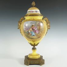 Load image into Gallery viewer, Antique French Sevres Style Porcelain Urn Satyr Bronze Handles, Hand Painted Gilt & Rococo Scene