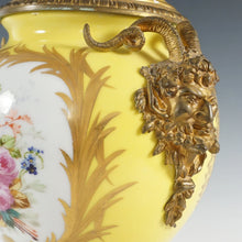 Load image into Gallery viewer, Antique French Sevres Style Porcelain Urn Satyr Bronze Handles, Hand Painted Gilt & Rococo Scene