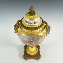 Load image into Gallery viewer, Antique French Sevres Style Porcelain Urn Satyr Bronze Handles, Hand Painted Gilt & Rococo Scene