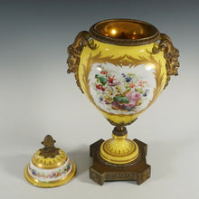 Load image into Gallery viewer, Antique French Sevres Style Porcelain Urn Satyr Bronze Handles, Hand Painted Gilt & Rococo Scene