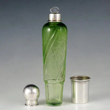 Load image into Gallery viewer, Antique French Sterling Silver &amp; Green Cut Glass Flask
