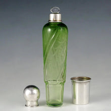 Load image into Gallery viewer, Antique French Sterling Silver & Green Cut Glass Flask