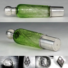 Load image into Gallery viewer, Antique French Sterling Silver & Green Cut Glass Flask