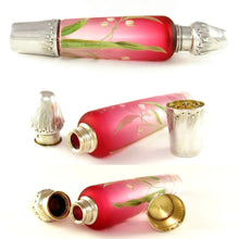 Load image into Gallery viewer, Antique French Sterling Silver Enamel & Pink Glass Flask