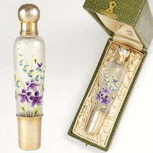 Load image into Gallery viewer, Antique French Sterling Silver Glass Flask in Box, Enamel Flowers