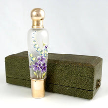 Load image into Gallery viewer, Antique French Sterling Silver Glass Flask in Box, Enamel Flowers