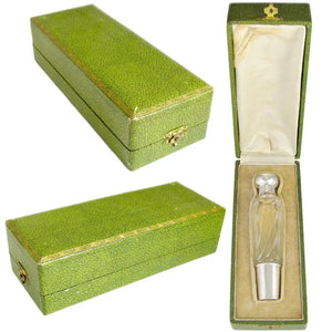 Antique French Sterling Silver Gilt Vermeil Cut Crystal Flask, Original Box