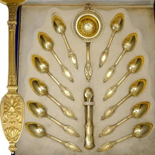 Load image into Gallery viewer, Antique French Sterling Silver Gold Vermeil Tea Service, Empire Motif, Sugar Tongs, Strainer, Teaspoon Set, Alphonse DEBAIN