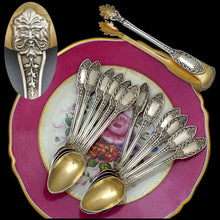 Load image into Gallery viewer, Antique French Sterling Silver Gold Vermeil 13pc Tea Coffee Spoon Set, Sugar Tongs, Renaissance Mascarons