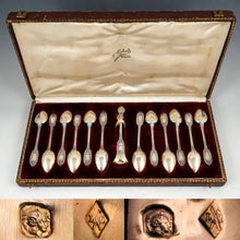 Load image into Gallery viewer, Antique French Sterling Silver Gold Vermeil 13pc Tea Coffee Spoon Set, Sugar Tongs, Renaissance Mascarons