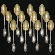 Load image into Gallery viewer, Antique French Sterling Silver Gold Vermeil 13pc Tea Coffee Spoon Set, Sugar Tongs, Renaissance Mascarons