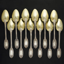 Load image into Gallery viewer, Antique French Sterling Silver Gold Vermeil 13pc Tea Coffee Spoon Set, Sugar Tongs, Renaissance Mascarons
