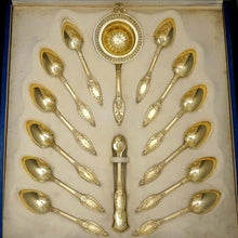 Load image into Gallery viewer, Antique French Sterling Silver Gold Vermeil Tea Service, Empire Motif, Sugar Tongs, Strainer, Teaspoon Set, Alphonse DEBAIN