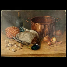 Load image into Gallery viewer, Antique French Still Life Oil Painting Food, Copper Pot, Duck & Pineapple, Nature Morte