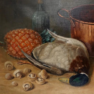 Antique French Still Life Oil Painting Food, Copper Pot, Duck & Pineapple, Nature Morte