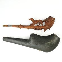 Load image into Gallery viewer, Antique Black Forest Hand Carved Wood Smoking Pipe, Hunting Dog Hound