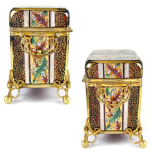 Load image into Gallery viewer, Antique Bohemian Moser Raised Enamel Gold & Silver Gilt Hand Painted Ruby Red Glass Sugar Casket / Jewelry Box