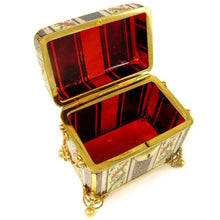 Load image into Gallery viewer, Antique Bohemian Moser Raised Enamel Gold & Silver Gilt Hand Painted Ruby Red Glass Sugar Casket / Jewelry Box
