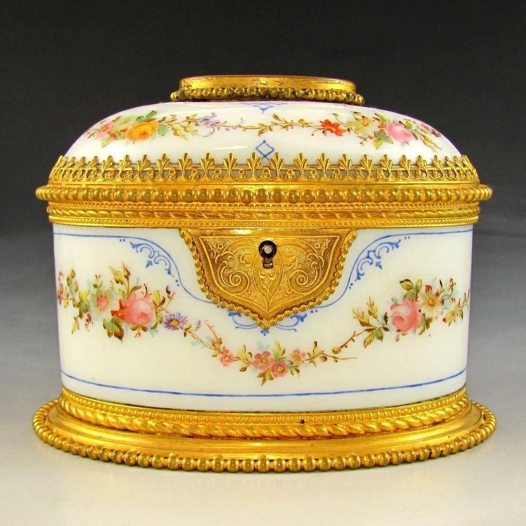 Antique French opaline box ormolu gilt bronze