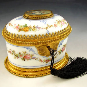 Antique French hand painted opaline glass jewelry box, ormolu 