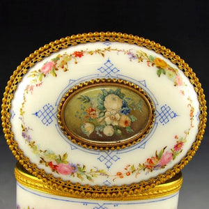 Antique French Hand Painted Opaline Glass Jewelry Casket Box