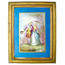 Load image into Gallery viewer, Antique French Hand Painted Porcelain Portrait Plaque Courting Couple, Celeste Blue, Deforge Carpentier Gilt Frame