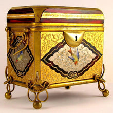 Load image into Gallery viewer, Antique Moser Gilt Enamel Ruby Glass Sugar Casket Jewelry Box, Birds