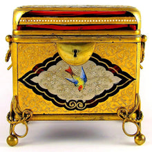 Load image into Gallery viewer, Antique Moser Gilt Enamel Ruby Glass Sugar Casket Jewelry Box, Birds