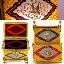 Load image into Gallery viewer, Antique Moser Gilt Enamel Ruby Glass Sugar Casket Jewelry Box, Birds