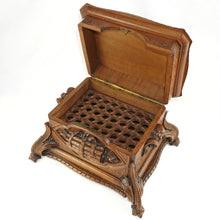 Load image into Gallery viewer, Antique Black Forest Carved Wood Cigar Caddy, Box, Porcelain Portrait Plaque