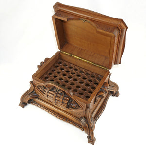 Antique Black Forest Carved Wood Cigar Caddy, Box, Porcelain Portrait Plaque