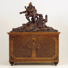 Load image into Gallery viewer, Antique Black Forest Carved Wood Chest, Hunting Theme
