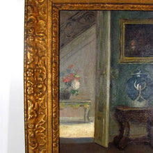 Load image into Gallery viewer, Belgian Parlor Interior Genre Painting by Virginie Cokelberghs 'Le Salon Vert' Dated 1925