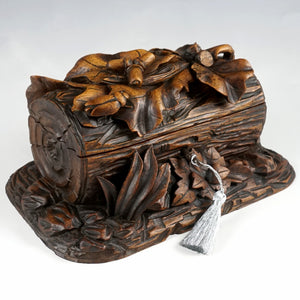 Antique Black Forest Hand Carved Wood Figural Jewelry Box, Lock & Key
