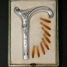 Load image into Gallery viewer, Art Nouveau French. 800 Silver Parasol Umbrella Dress Cane Handle Set, in Box