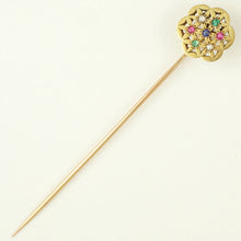 Load image into Gallery viewer, French 18K Yellow Gold Stick Pin Brooch Diamond Ruby Emerald Sapphire